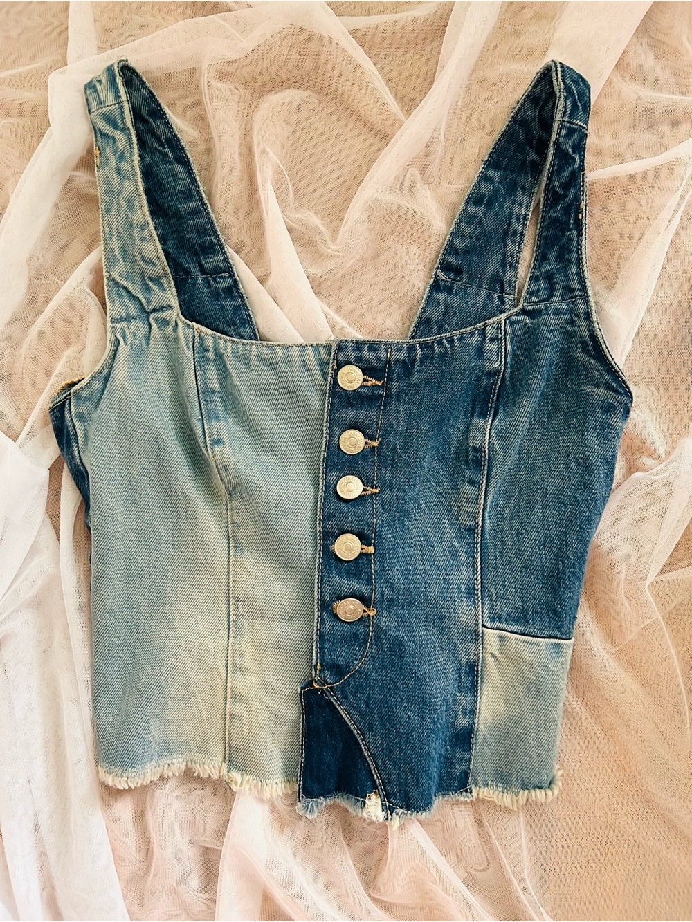 Zara Two-Tone Patchwork Denim Crop Top - Light & Dark Blue
